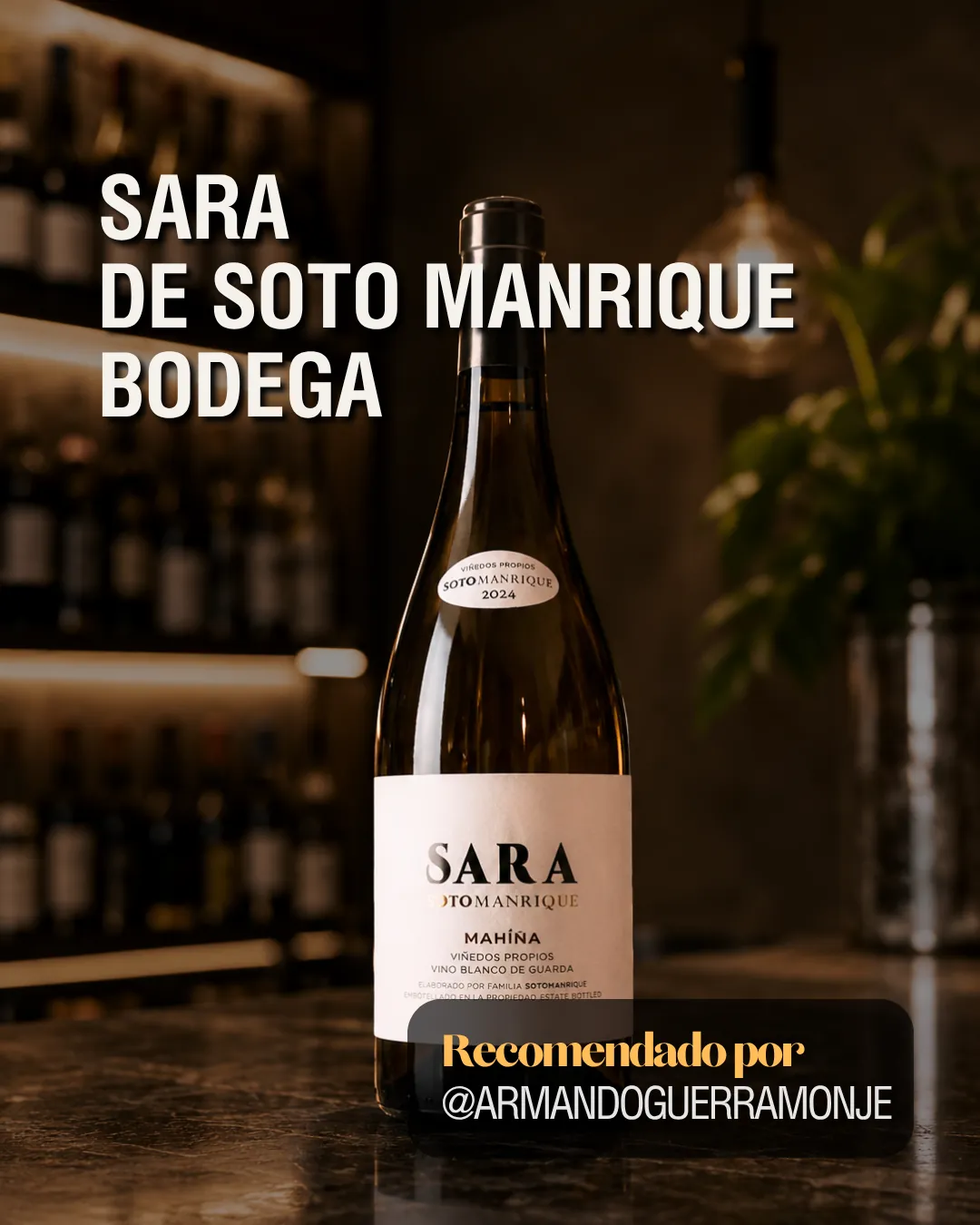 Botella de vino blanco de guarda Sara de Soto Manrique Bodega, recomendada por Armando Guerra Monje